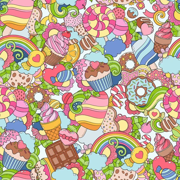 Ручная рисованная векторная иллюстрация, бесшовный абстрактный фон, текстура, узор, обои, фон. Коллекция цветов, ярких сладостей, десертов, выпечки, мороженого, комплекта конфет — стоковый вектор