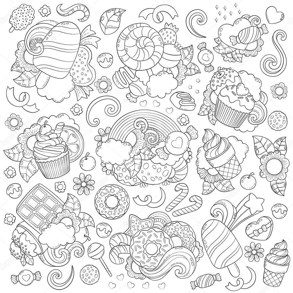 Doodle vector illustration, abstract background, texture, pattern, wallpaper, Collection of sweets, desserts, ice cream, candy elements set. Freehand sketch for adult anti stress coloring book page