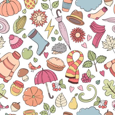 Elle çizilmiş doodle illüstrasyonlar sonbahar ayarlayın. Arka plan, şablon, zemin, duvar kağıdı, Icon collection, Seamless Modeli