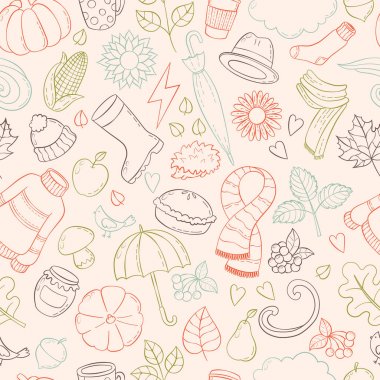Elle çizilmiş doodle illüstrasyonlar sonbahar ayarlayın. Arka plan, şablon, zemin, duvar kağıdı, Icon collection, Seamless Modeli