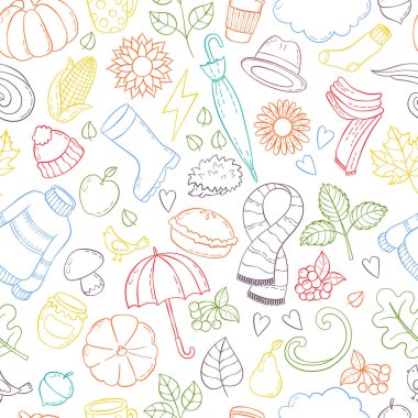 Elle çizilmiş doodle illüstrasyonlar sonbahar ayarlayın. Arka plan, şablon, zemin, duvar kağıdı, Icon collection, Seamless Modeli