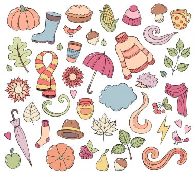 Elle çizilmiş doodle illüstrasyonlar sonbahar ayarlayın. Arka plan, şablon, zemin, duvar kağıdı, Icon collection