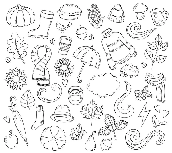 Elle çizilmiş doodle illüstrasyonlar sonbahar ayarlayın. Arka plan, şablon, zemin, duvar kağıdı, Icon collection, yetişkin için serbest kroki anti stres kitabı sayfa boyama