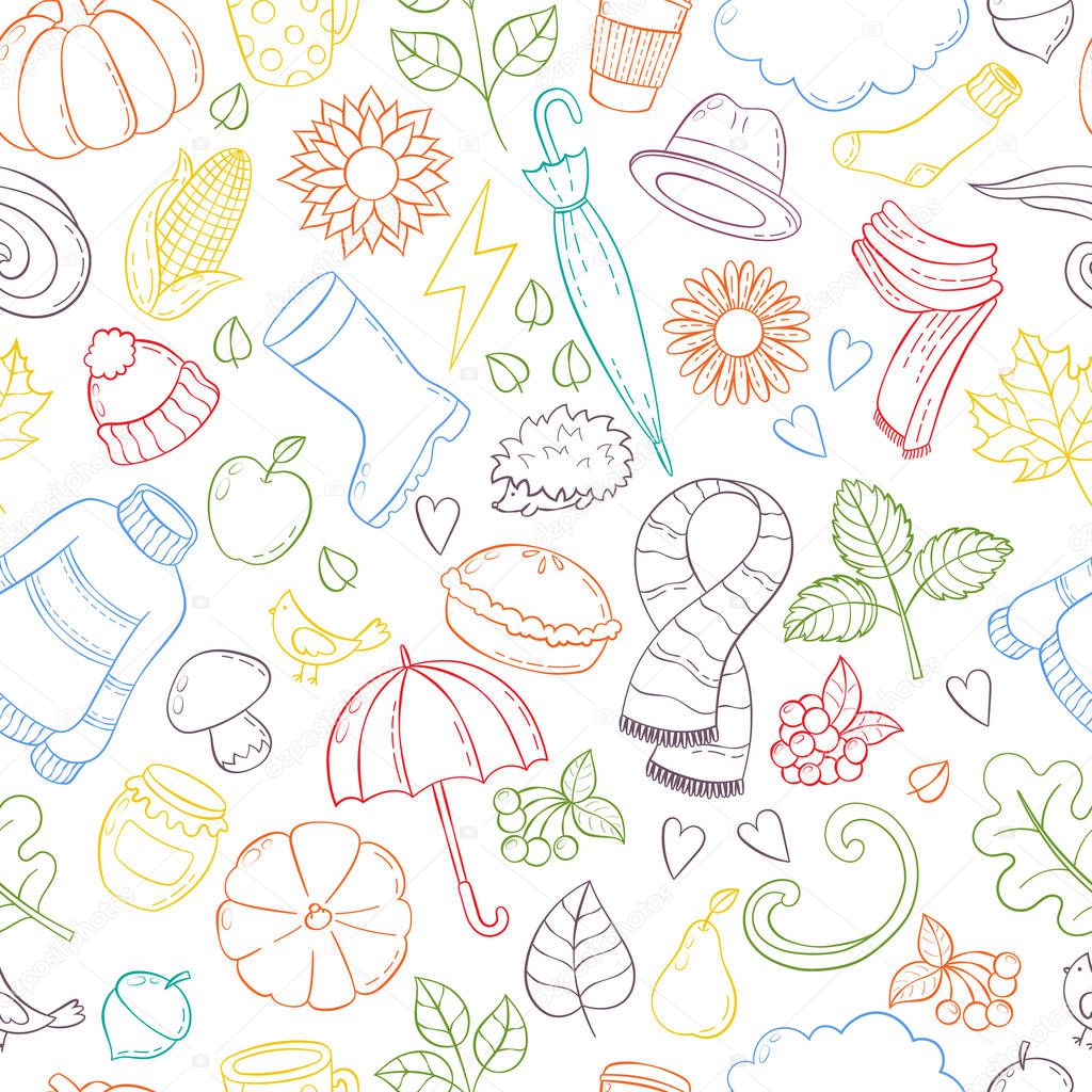 Set autumn hand drawn doodle illustrations. Background, template, backdrop, wallpaper, Icon collection, Seamless pattern