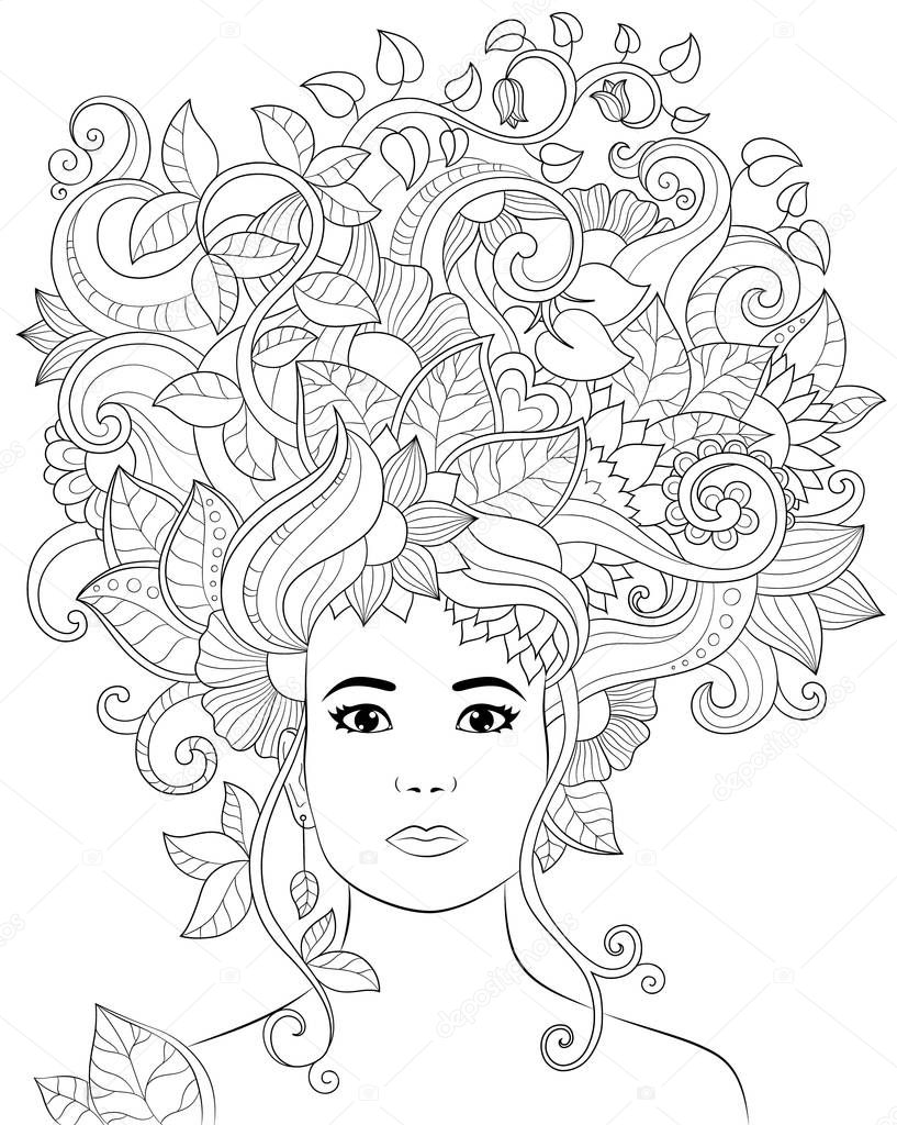 Vector hand drawn illustration woman with floral hair for adult coloring book. Freehand sketch for adult anti stress coloring book page with doodle and zentangle elements.