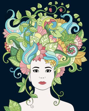 El çizilen illüstrasyon kadın portre saçlı olan çiçek, çiçek ve yaprak yetişkin renklendirme kitap için vektör. Vektör doodle, zentangle illüstrasyon. Şablon, arka plan, duvar kağıdı, desen