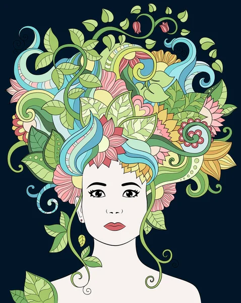 El çizilen illüstrasyon kadın portre saçlı olan çiçek, çiçek ve yaprak yetişkin renklendirme kitap için vektör. Vektör doodle, zentangle illüstrasyon. Şablon, arka plan, duvar kağıdı, desen