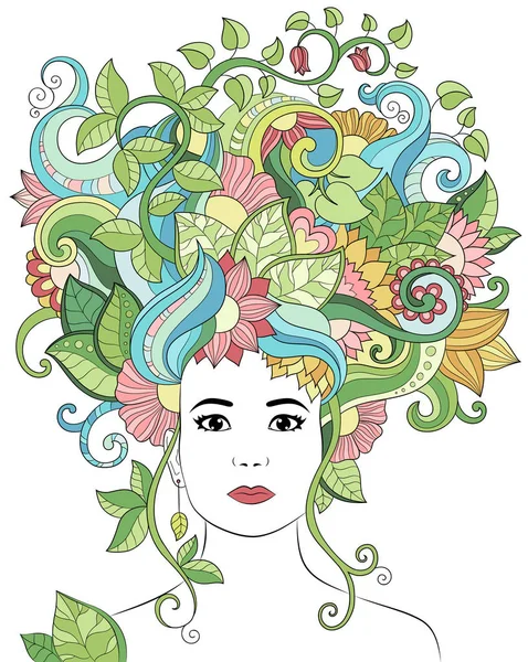 Vector hand drawn illustration woman portrait with floral hair, flowers and leaves for adult coloring book. Vector doodle, zentangle illustration. Template, background, wallpaper, pattern — Stock Vector