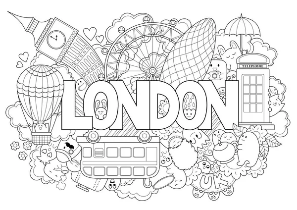 El ile arka plan metin Londra çizilmiş. El yazı. Reklam, kartpostallar, banner, web tasarım, giyim üzerinde baskı için şablon. Çizgi film karakter kümesi. Ayrıntılı Hat sanatı