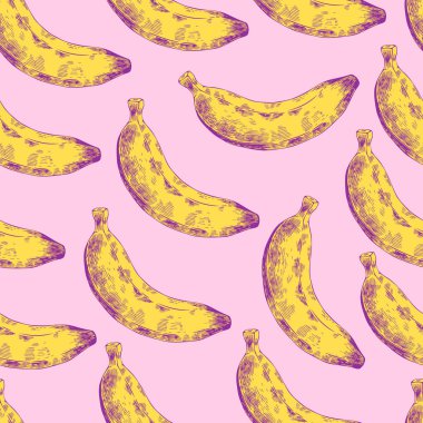 Soyut Dikişsiz desen, duvar kağıdı, arka plan, zemin. Sarı Pembe el çekilmiş muz ile. Vektör çizimi, tropikal egzotik meyve. Şablon baskı, ambalaj, reklam, web tasarımı, kart için