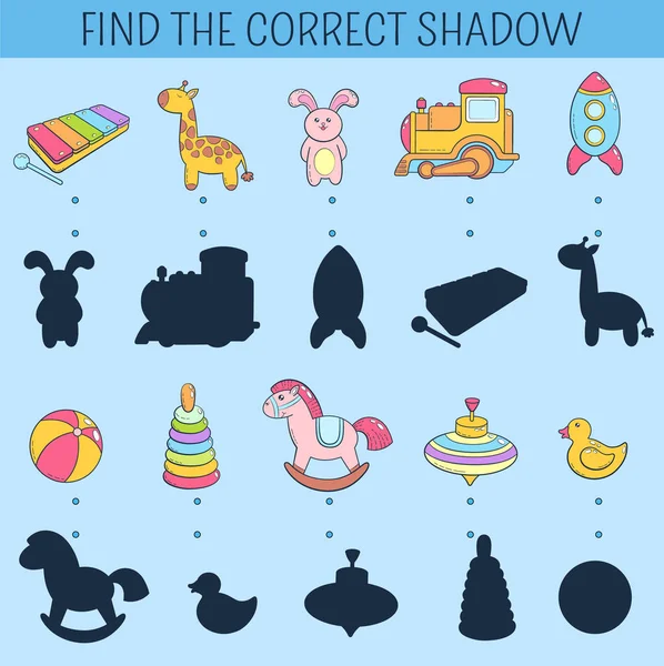 Finden Sie den richtigen Schatten. Lernspiel für Kinder. Vektor handgezeichnete Doodle-Illustration. Cartoon Kinderspielzeug — Stockvektor