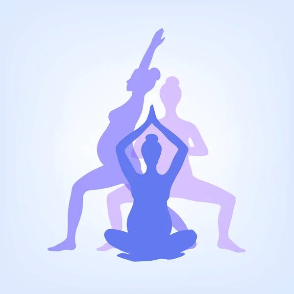 Yoga für Schwangere. Yoga Posen für Schwangere. Asanas für Schwangere. Farbvektorsilhouetten von schwangeren Frauen, die Yoga praktizieren. Logo für Banner, Werbung, Plakat. — Stockvektor