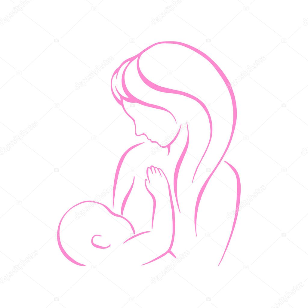 Breast feeding vector sign. Mother holding newborn baby in arms, abstract symbol of woman breastfeeding baby. Mother breastfeeding her baby stylized symbol. Vector