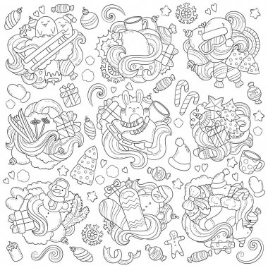 Doodle vektör çizim, arka plan, doku, desen, duvar kağıdı, yeni yıl Noel koleksiyon öğeleri ve nesneleri kümesi. Yetişkin anti stres boyama kitabı için serbest kroki.