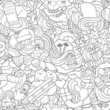Doodle vektör çizim, arka plan, doku, desen, duvar kağıdı, yeni yıl Noel koleksiyon öğeleri ve nesneleri kümesi. Yetişkin anti stres boyama kitabı için serbest kroki.