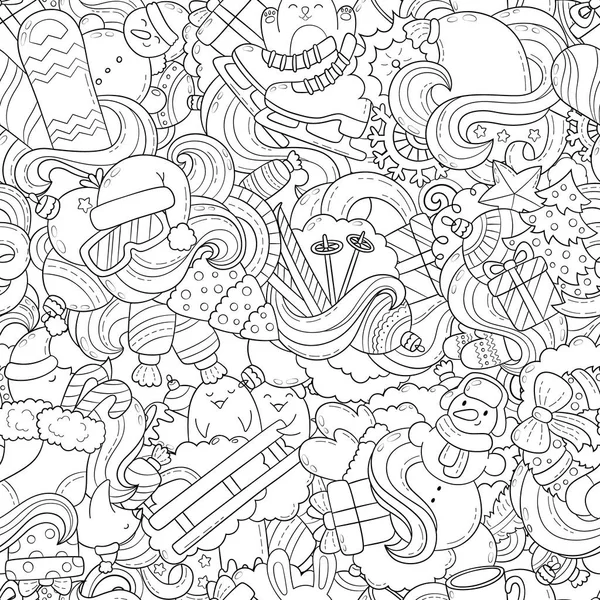 Doodle vectorillustratie, abstracte achtergrond, textuur, patroon, achtergrond, elementen van de collectie van Nieuwjaar Kerstmis en objecten instellen. FreeHand schets voor volwassene anti stress kleurboek. — Stockvector