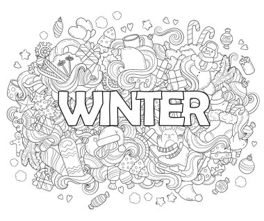 Doodle vektör çizim, arka plan, doku, desen, duvar kağıdı, yeni yıl Noel koleksiyon öğeleri ve nesneleri kümesi. Yetişkin anti stres boyama kitabı sayfası