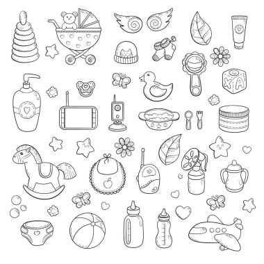 Arka plan, doku, zemin, desen, duvar kağıdı çocuk çizgi film doodle oyuncakları ile. Eğitsel Oyunlar çocuklar illüstrasyon için. Bebek duş. Simgeler kümesi. Yeni doğan bebek vektör toplama. bebek bakım işler