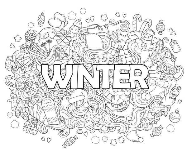 Illustration vectorielle Doodle, fond abstrait, texture, motif, papier peint, collection d'éléments et d'objets de Noël du Nouvel An. Livre de coloriage anti stress adulte — Image vectorielle