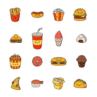 Vektör çizgi film dizi doodle simgeler abur cubur. Resimde çizgi roman fast food