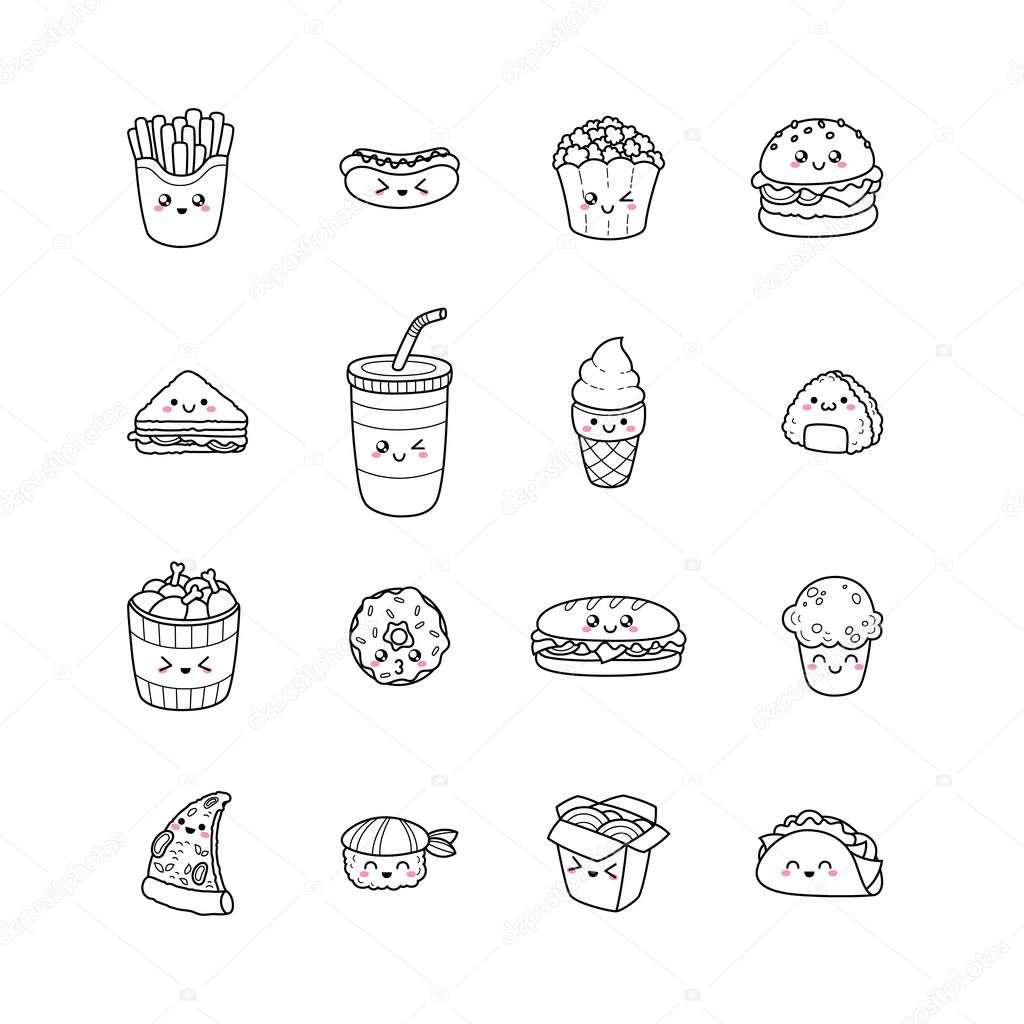 Set of vector cartoon doodle icons junk food. Illustration of comic fast food