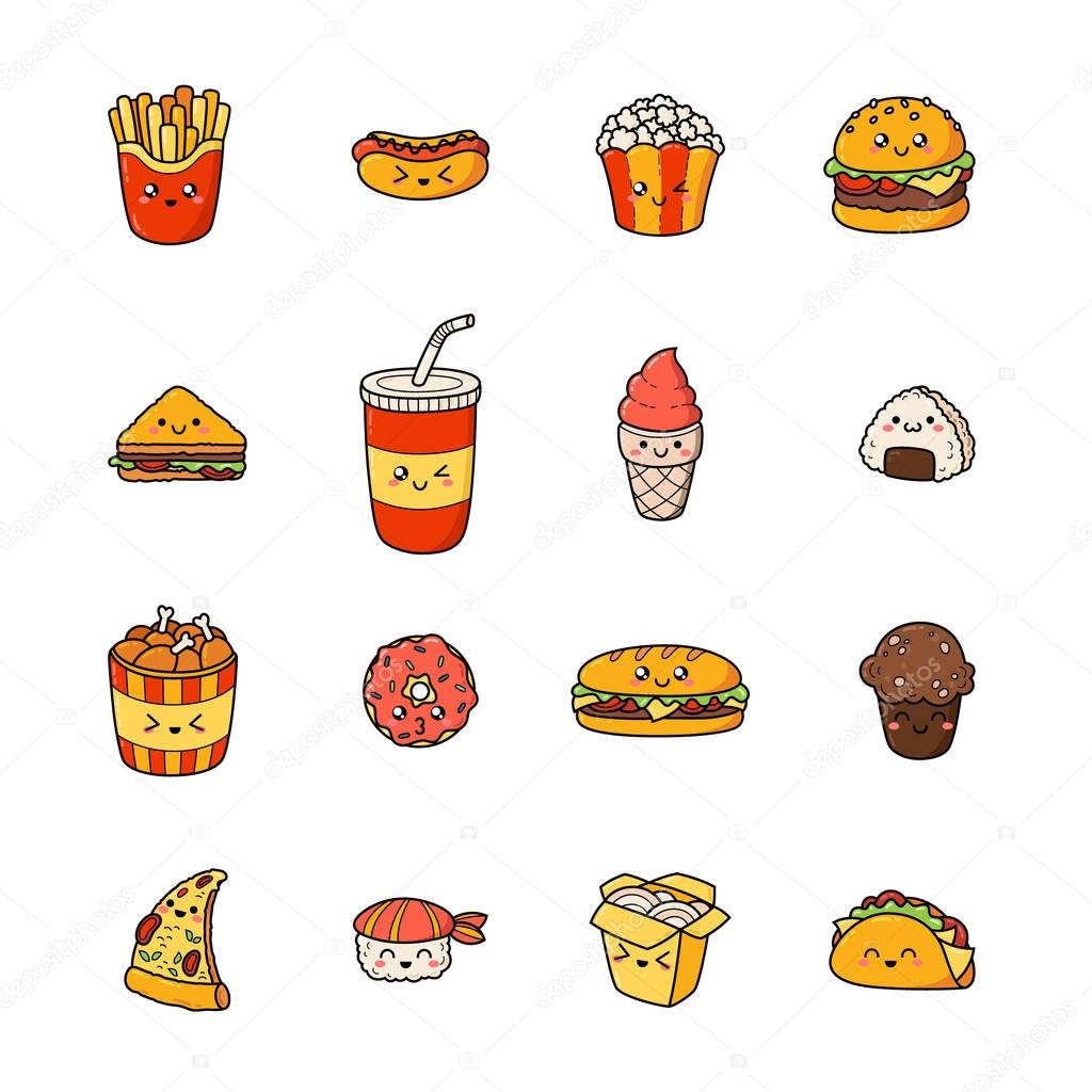 Set of vector cartoon doodle icons junk food. Illustration of comic fast food