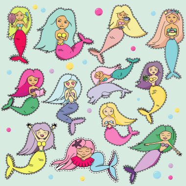 Çizgi film sevimli denizkızı çıkartmaları kümesi. Doodle yamalar ile farklı duygular, sevinç, uyku, üzüntü, seviyorum. Pim, yamalar çizgi roman tarzı topluluğu