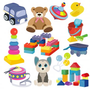 Cartoon baby toy set. Cute object for small children to play with, toys, stuffed animals, fun and activity. Vector flat style cartoon illustration isolated on white background. clipart