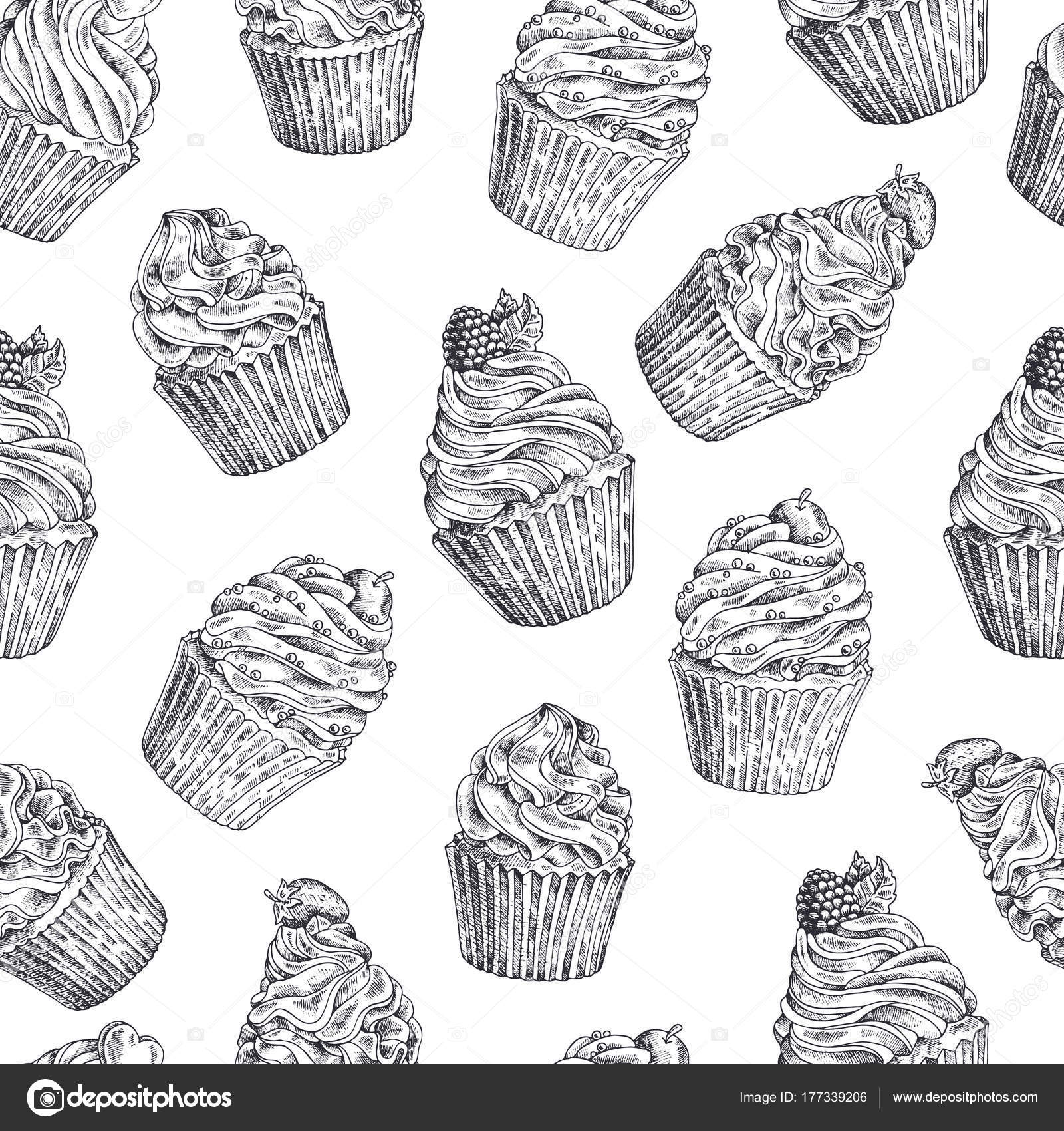 Conjunto de cupcakes dibujados a mano vectoriales. Plantilla para postal,  diseño web, menú, portada, publicidad, embalaje, impresión. Fondo de boceto  sin costuras, patrón, textura, fondo de pantalla con pasteles Vector de  stock #, image size:1600x1700