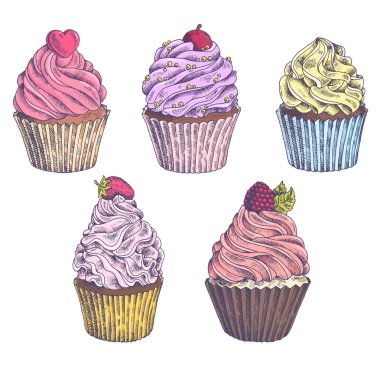 Vektör çizilmiş cupcakes kümesi. Kartpostal, web tasarım, menü, kapak, reklam, paketleme, yazdırma için şablon. Kroki arka plan, desen, doku, kek ile duvar kağıdı