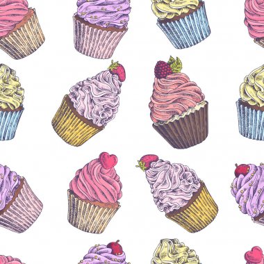 Vektör çizilmiş cupcakes kümesi. Kartpostal, web tasarım, menü, kapak, reklam, paketleme, yazdırma için şablon. Sorunsuz kroki arka plan, desen, doku, kek ile duvar kağıdı