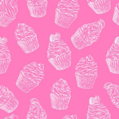 Vektör çizilmiş cupcakes kümesi. Kartpostal, web tasarım, menü, kapak, reklam, paketleme, yazdırma için şablon. Sorunsuz kroki arka plan, desen, doku, kek ile duvar kağıdı