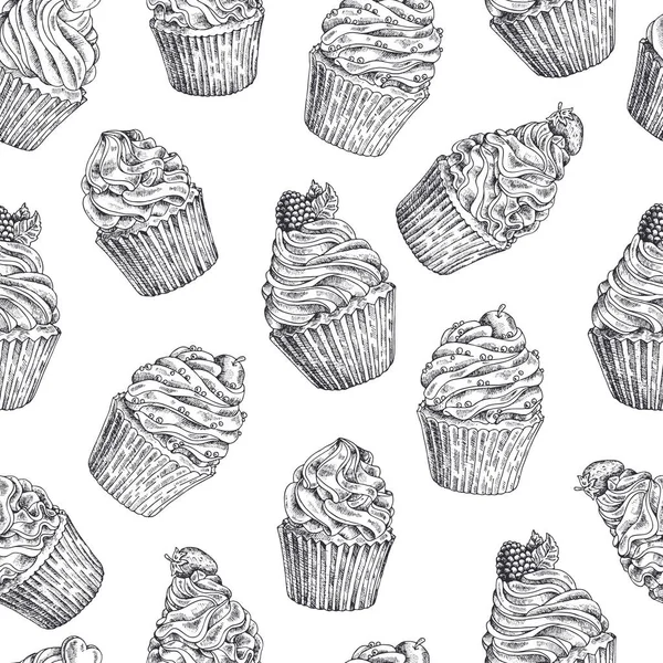 Conjunto de cupcakes desenhados à mão vetoriais. Modelo para cartão postal, web design, menu, capa, publicidade, embalagem, impressão. Esboço sem costura fundo, padrão, textura, papel de parede com bolos — Vetor de Stock