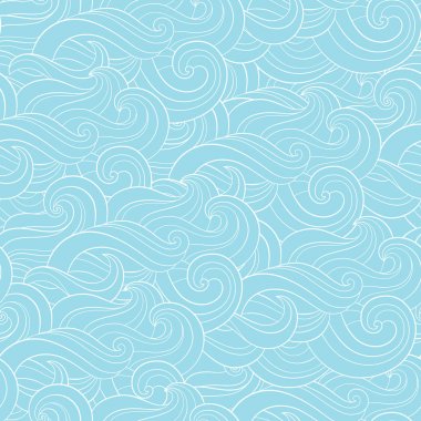 Karikatür mavi beyaz arka plan, duvar kağıdı. Doodle desen dalgalar deniz, okyanus, nehir, Rüzgar. Sorunsuz doku tekstil kumaş, yazdırma, web tasarımı, kart, afiş, el ilanı, afiş, ambalaj,