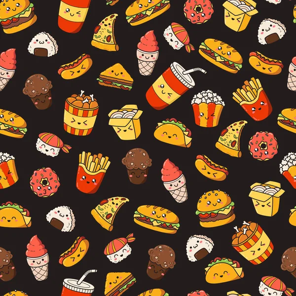 Conjunto de vetor desenho animado doodle ícones junk food. Ilustração de fast food cômico. Textura sem costura, padrão, papel de parede, fundo — Vetor de Stock