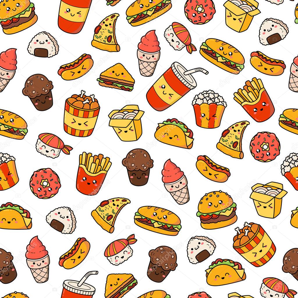 Set of vector cartoon doodle icons junk food. Illustration of comic fast food. Seamless texture, pattern, wallpaper, background