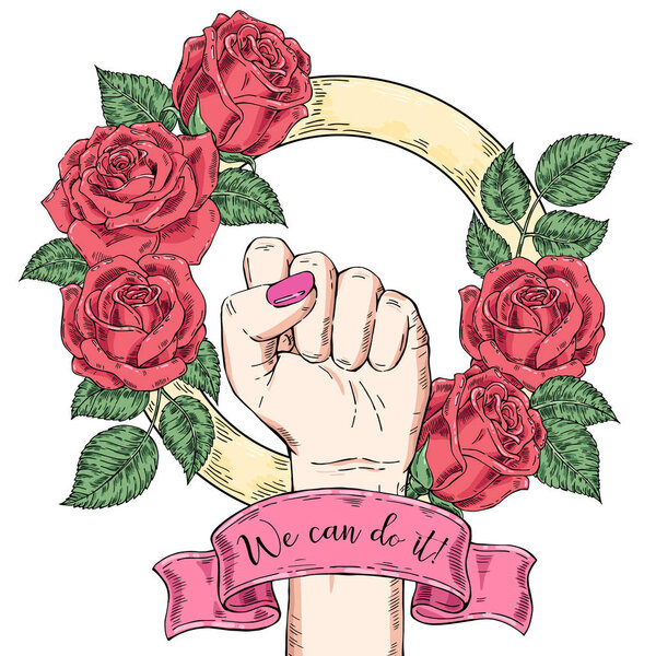 Векторный ручной рисунок фона, набросок иллюстрации. Шаблон для печати, рекламы, плаката, плаката, веб-дизайна. Женская рука с поднятым кулаком. Символ феминизма. Мы справимся. винтажная роза
