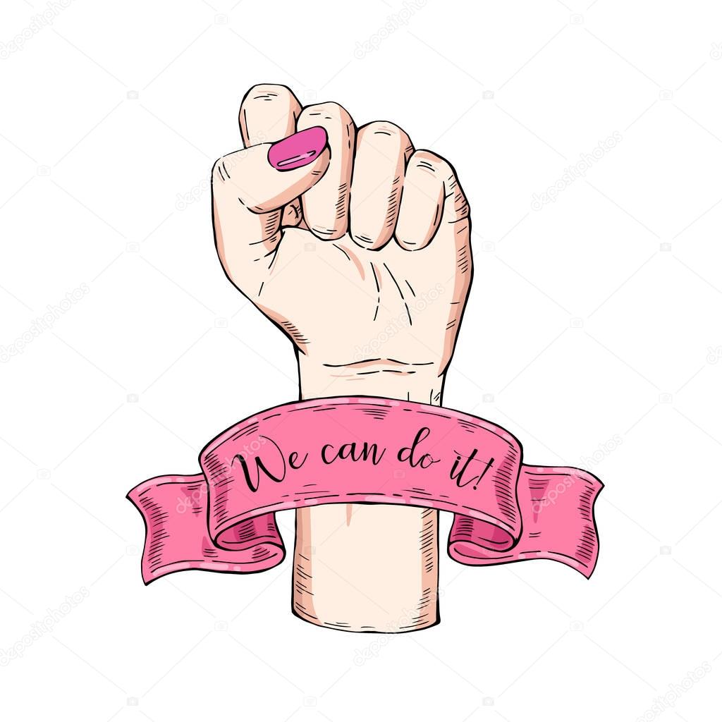 Vector hand-drawn background, sketch illustration. Template for printing, advertising, poster, poster, web design. Female hand with fist raised up. Symbol of feminism. We can do it. vintage rose