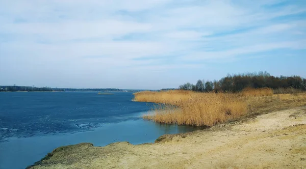 Lago canas azuis céu azul praia areia natureza paisagem — Fotografia de Stock