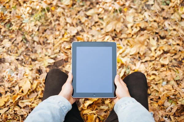 Sonbahar üzerinde tablet tutan adam elleri arka plan bırakır