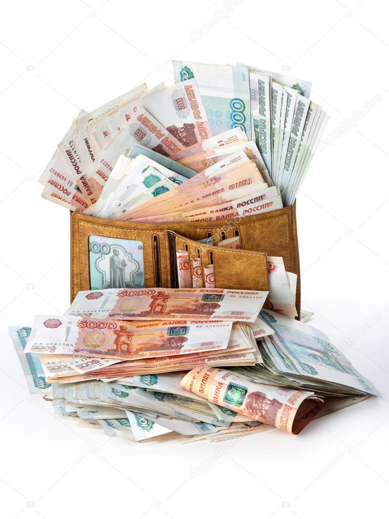 Mint of money. Much russian rubles in wallet. Isolated object on white.