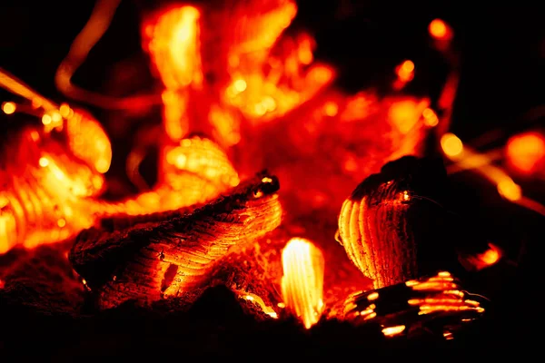 Carbón de leña de madera de calor caliente brillante en caja de fuego — Foto de Stock