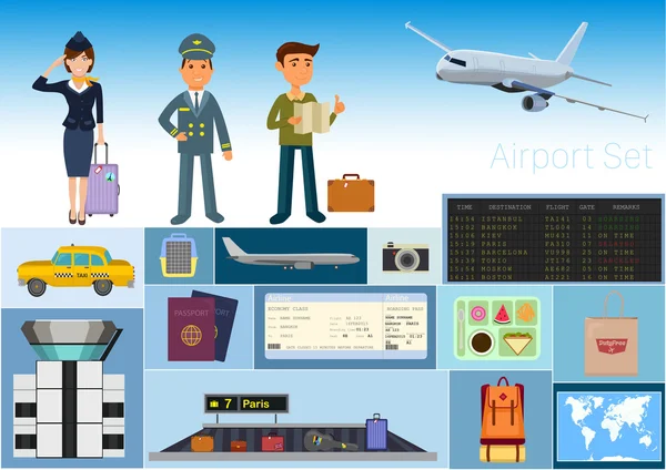 空港のベクトルを設定/スチュワーデスとパイロット/マップの観光客/出発フライト情報ボード/航空をテーマにした空港タワー//荷物のカルーセル/計画休暇観光と旅のシンボル ベクターグラフィックス