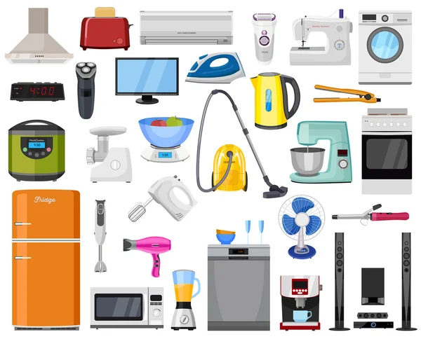 家の台所や家の電子機器。様々 な設備・機器-メジャーおよび小さい電気器具、家電製品、キッチン用品. ストックベクター