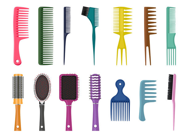 Fashion equipment collection of combs  hairbrush for hair, set of different types of combs, vector isolated on white background, Hairdresser style accessories, hairdryer