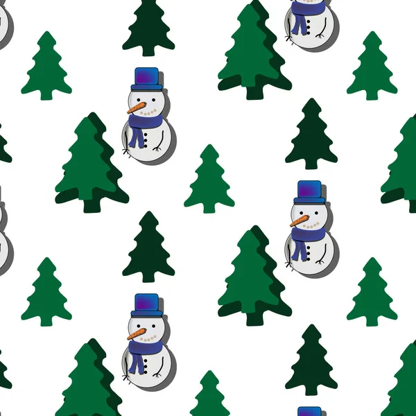 Vektör Noel Baba kusursuz. Beyaz arka planda ve Noel ağaçlarında kardan adamlar olan kusursuz bir Noel deseni. Ambalaj kağıdı, Noel aksesuarları, oyuncaklar, kırtasiye malzemeleri, süslü süsler için. Parlak