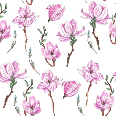 seamless pattern of watercolor magnolia flowers clipart