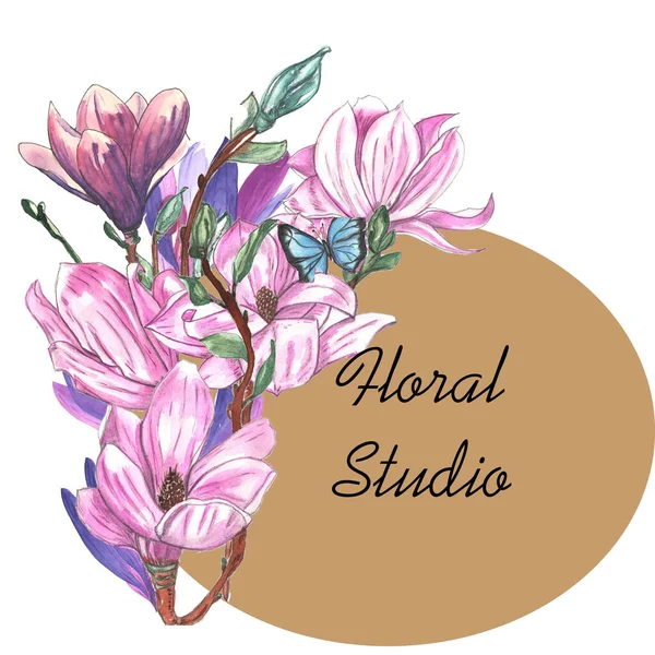 Botanik suluboya çelenk, çiçek aranjmanı, suluboya manolya, çiçek stüdyosu ve tasarım