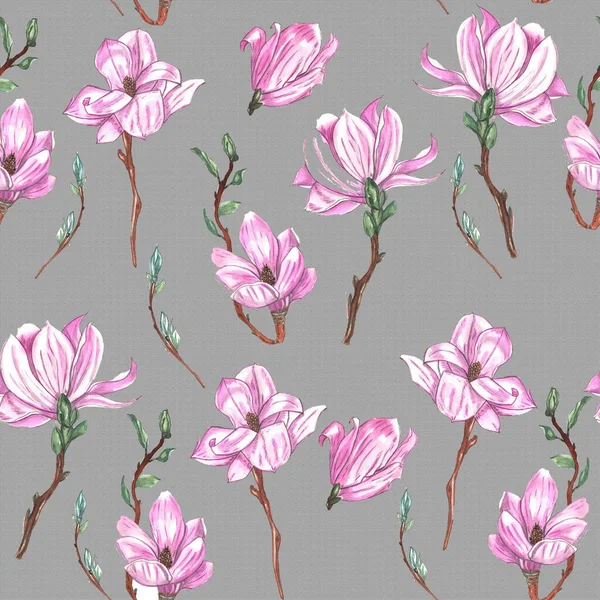 Gri arkaplanda suluboya manolya çiçeklerinin kusursuz deseni
