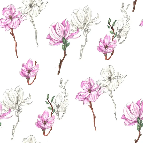 watercolor magnolia seamless pattern with leaves and twigs, spring pattern, floral pattern